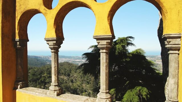 Aerial Drone View of Pena Palace Architectural Detail of Yellow Arches and View, Sintra, Lisbon, Portugal, a Beautiful European Building with Amazing Architecture, UNESCO World Heritage Site