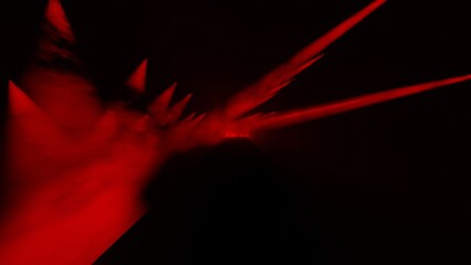 Fototapeta premium Show on stage, lighting with dynamic red spotlights, 3d simulation. Performance for the podium, red rays in the haze.