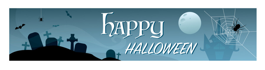 Blue Halloween banner with graves, bats and spiders