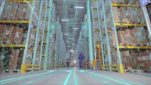 Futuristic concept of a modern warehouse time lapse. Visualization of a modern warehouse. Visualization of artificial intelligence.