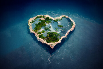 Romantic valentine's day gift. Love for travel and adventure. Small island in the shape of a heart. Islet-heart in the blue sea