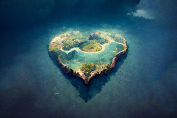 Romantic valentine's day gift. Love for travel and adventure. Small island in the shape of a heart. Islet-heart in the blue sea