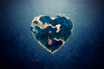 Small island in the shape of a heart. Islet-heart in the blue sea. Romantic valentine's day gift. Love for travel and adventure