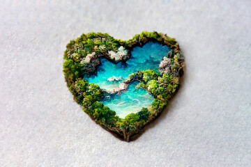 Naklejka na ściany i meble Small island in the shape of a heart. Love for travel and adventure. Romantic valentine's day gift. Islet-heart in the blue sea