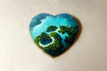 Love for travel and adventure. Romantic valentine's day gift. Islet-heart in the blue sea. Small island in the shape of a heart