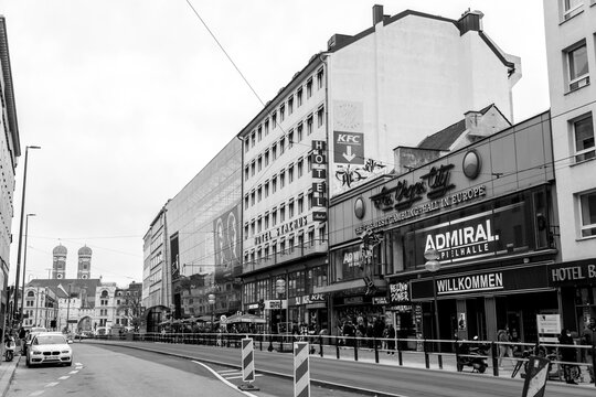Street view and buildings on Bayerstrasse, a street in Munich, Germany