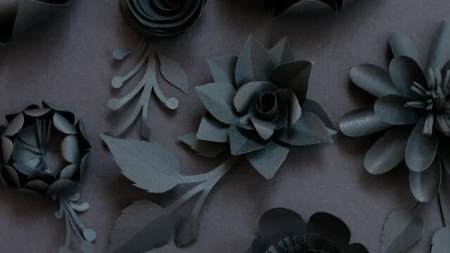 Black paper flowers on Black background. Cut from paper. Wallpaper template
