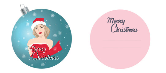 Christmas card with a cute girl in a Santa hat , invitation, Christmas, holiday, vector, illustration, poster, web design, snowflakes, Christmas tree decoration, Christmas ball
