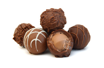 Chocolate candies collection. Beautiful Belgian truffles isolated on white background