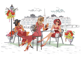 Fashion people in the restaurant. Street cafe in the old city. Girls in red dresses and hats drinking coffee at the cafe table. Hand drawn Vector Illustration. 