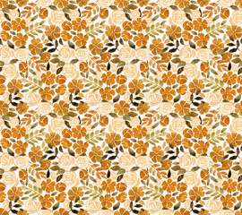 All over ditsy floral pattern. Seamless Art Nouveau motifs print. Flower background in palette of faded red, orange, cream and teal blue.