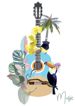Abstract guitar decorated with summer and spring flowers, palm leaves, notes, birds. Hand drawn musical vector illustration.