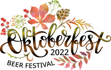 Oktoberfest 2022 festive banner. Oktoberfest handwritten lettering design with autumn leaves. Design template event celebration.