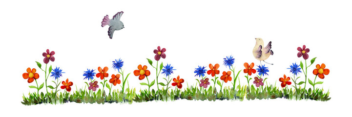 Watercolor hand drawn countryside grass banner with flowers and birds, isolated on white background. Design template for cards, gift bags, invitations, textile, print, wallpaper, for children