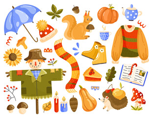 A set of autumn elements. Autumn clip art in cartoon style. Isolated illustration.