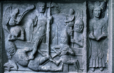 Panel of 15thC MacMahon tomb, Ennis Friary, Co. Clare, Ireland. Resurrection of Christ, N.B. contemporaneous swastika top centre