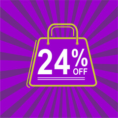 24% off. Purple, white and yellow banner with twenty four percent discount. Shopping bag concept vector.