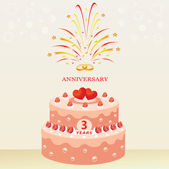3 years wedding anniversary. Cake with hearts and rings, decorated with strawberries and roses on the background of fireworks. Vector illustration