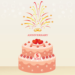 5 years wedding anniversary. Cake with hearts and rings, decorated with strawberries and roses on the background of fireworks. Vector illustration