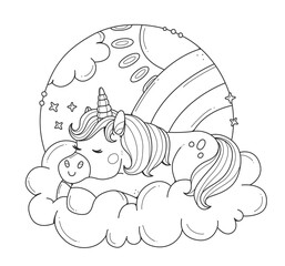 A unicorn sleeping on a cloud. Coloring book for kids. A coloring page with a cute horse sleeping on a cloud. Black and white illustration. © Ekaterina Chemakina