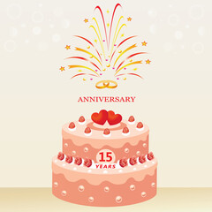 15 years wedding anniversary. Cake with hearts and rings, decorated with strawberries and roses on the background of fireworks. Vector illustration