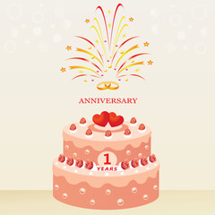 1 year anniversary. Wedding cake with hearts and rings, decorated with strawberries and roses on the background of fireworks. Vector illustration