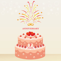 7 years wedding anniversary. Cake with hearts and rings, decorated with strawberries and roses on the background of fireworks. Vector illustration