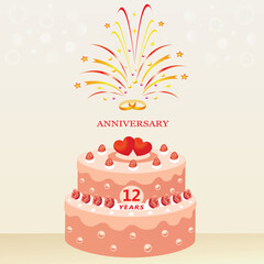 12 years wedding anniversary. Cake with hearts and rings, decorated with strawberries and roses on the background of fireworks. Vector illustration