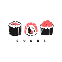 Sushi rolls in doodle style with sushi text. Logo design. Isolated Japanese food illustration.