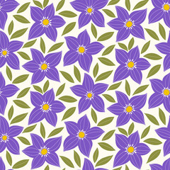 Seamless purple star shaped floral pattern on a cream background.
