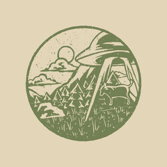 Distressed stamp illustration of ufo taking a cow