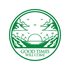 Round shaped emblem of sunset scenery at the beach