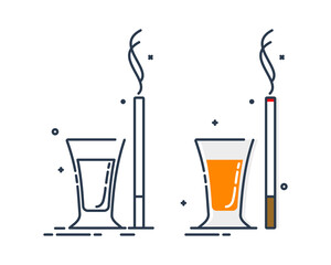 Glass of alcohol and cigarette great design for any purposes. Isolated illustration white background. Closeup shot. Trendy design. Minimalism simplicity sign. Alcoholic product for restaurant symbol