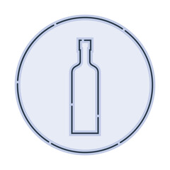 Illustration of bottle of vodka in flat style in form of thin lines. In the form of background is circle of color drinks. Isolated object design beverage. Simple icon for restaurant, pub, party