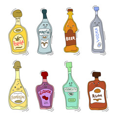 Tequila martini beer vodka champagne liquor vermouth rum with smile on white background. Cartoon sketch graphic design. Doodle style with black contour line. Cute hand drawn bottle. Party drinks