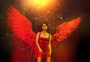 Fantasy sexy girl in angel costume, latex red seductive dress, luxurious bird wings. Goddess woman...