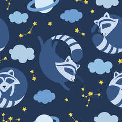 Seamless patttern decorative vector sleeping raccoon lying, stars, clouds isolated on blue background, wild mammal, cartoon illustration cute animal for design good night children card, poster for kid