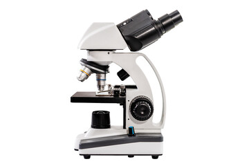 Side view of microscope for laboratory research isolated on white background, Magnification item for biology and chemical, medical research. White and black instrument for focusing, with clipping path