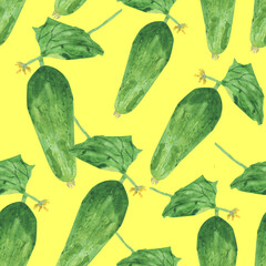 Seamless pattern with cucumbers and green leaves. Vegetable background for delicious and bright wallpaper, textiles, packaging, office and bed linen.