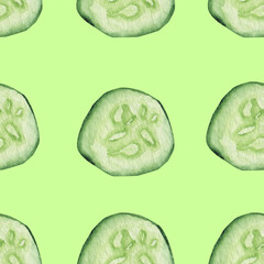 Cucumber watercolor. Seamless cucumber circle pattern. Background for textiles, wallpaper, packaging, bed linen and office.