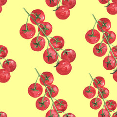 Tomato watercolor. Seamless pattern with cherry tomatoes. Background for textiles, wallpaper, packaging, bed linen and office.