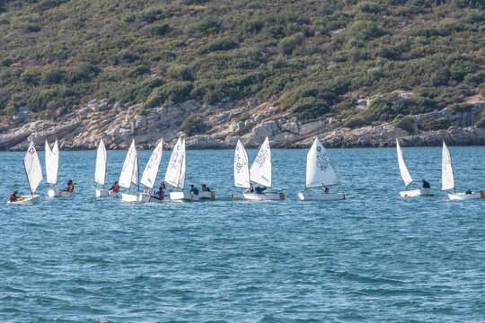 Young optimist racers drilling on Aegean Coast of Turkey.
