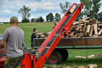 A worker at a sawmill operates a hydraulic plant for chopping and sawing logs for firewood.