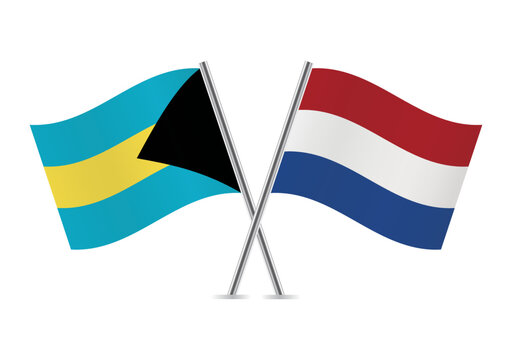 Bahamas and Netherlands crossed flags. Bahamian and Netherlandish flags on white background. Vector icon set. Vector illustration. 