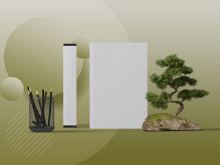 Mockup for book cover and scene with pencils and tree, 3d Illustration, 3d rendering