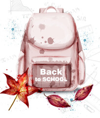 Back to school backpack vector. Autumn background watercolor