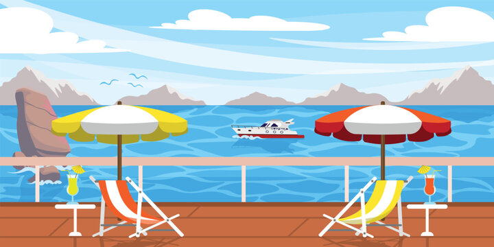 Vector illustration of summer cruise. Cartoon mountain landscape with ship, boat, rocks, deck chair, umbrella, cocktails.