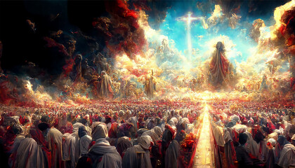 Revelation of Jesus Christ, new testament, religion of christianity, heaven and hell over the crowd of people, Jerusalem of the bible, generative AI - obrazy, fototapety, plakaty