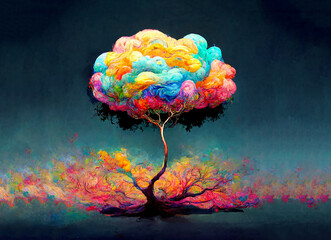 Illustration of a colorful dreamlike tree with copy space, cloud in rainbow colors, abstract landscape, optimism concept