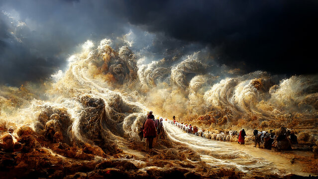 Illustration of the Exodus of the bible, Moses crossing the Red Sea with the Israelites, escape from the Egyptians